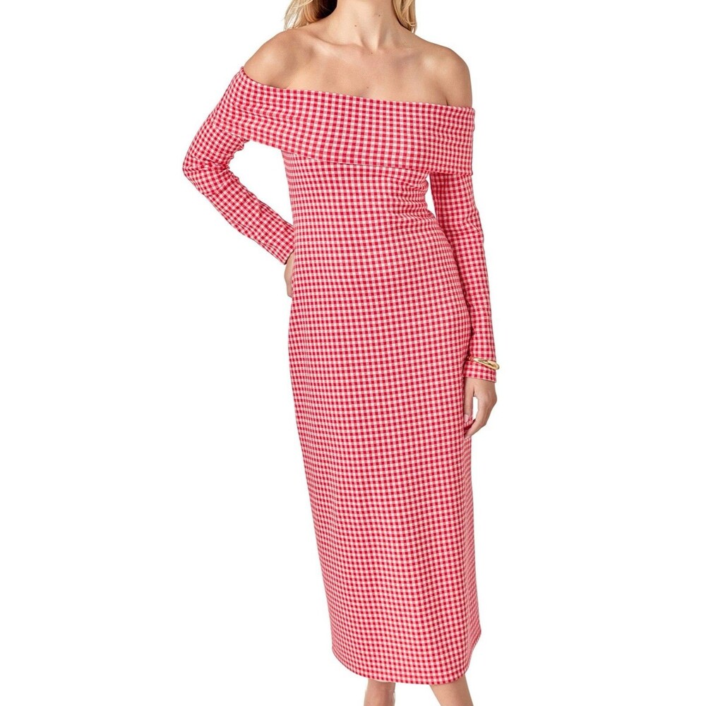 ANTHROPOLOGIE ENGLISH FACTORY Women's 1X Midi Dress Gingham Red Off Shoulder